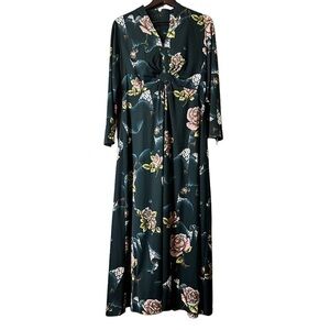 Vintage Dress Town Original Green Pink Floral V-Neck Long Sleeve Maxi Sundress M